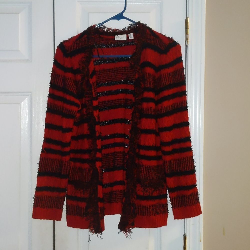 Kim Rogers red black textured  cardigan Sz S